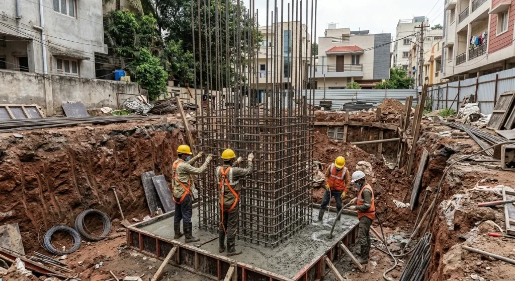 Foundation excavation and rebar cage for a Bangalore home