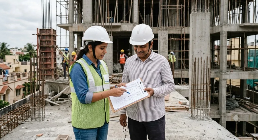 Engineer and homeowner reviewing a house construction checklist on a Bangalore building site